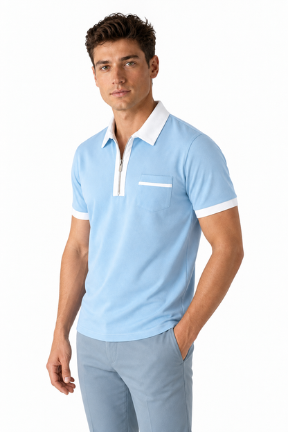 Ventorino Men's Polo Shirt Contrast Piping Chest Pocket | Ventorino in Light Blue — model three-quarter view
