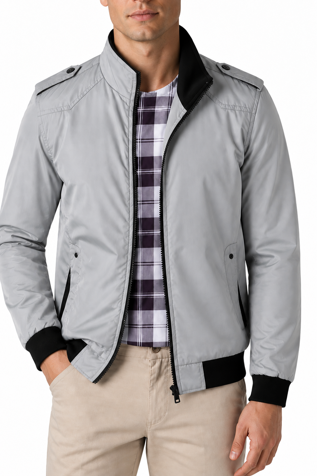 Ventorino Men's Bomber Jacket Lightweight Build Classic Fit | Ventorino in Light grey — garment and fabric detail