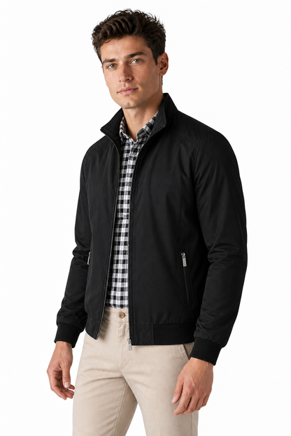 Ventorino Men's Bomber Jacket Lightweight Build Classic Fit | Ventorino in Black — model three-quarter view