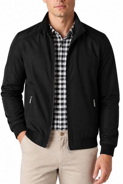 Ventorino Men's Bomber Jacket Lightweight Build Classic Fit | Ventorino in Black — garment and fabric detail