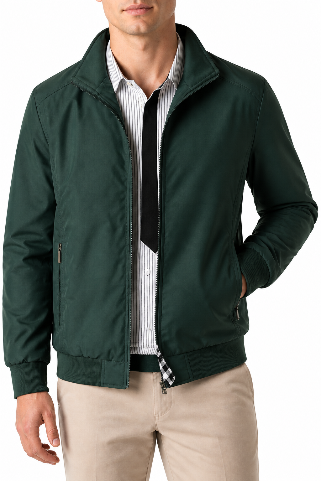 Ventorino Men's Bomber Jacket Lightweight Build Classic Fit | Ventorino in Dark green — garment and fabric detail