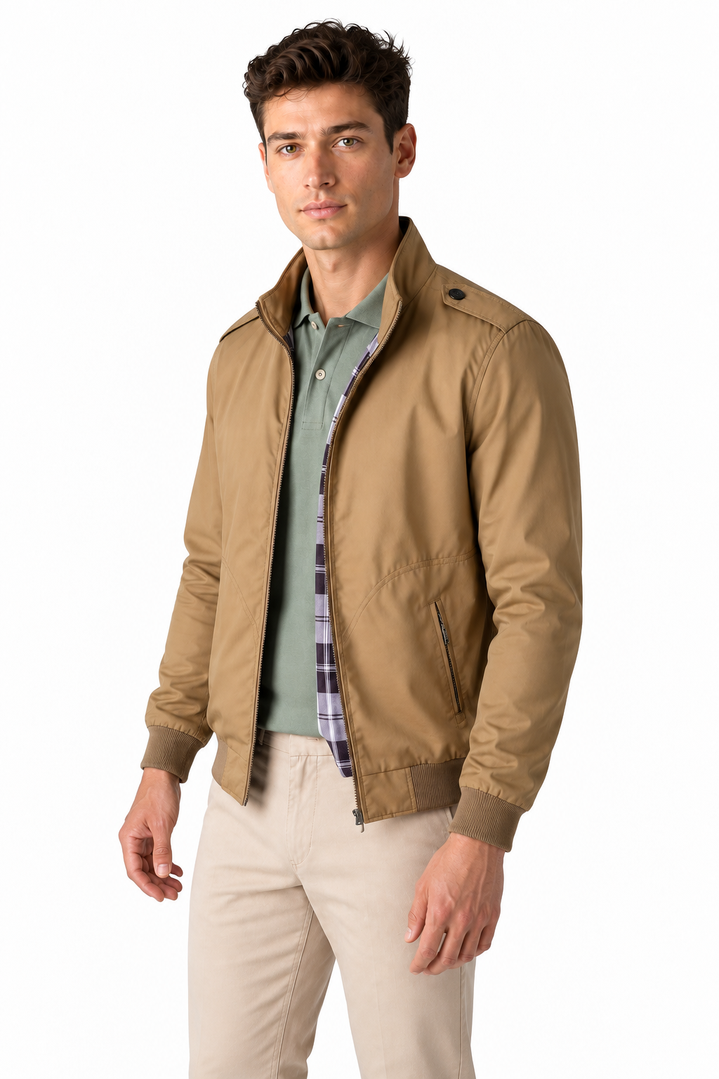Ventorino Men's Bomber Jacket Lightweight Build Classic Fit | Ventorino in Khaki — model three-quarter view