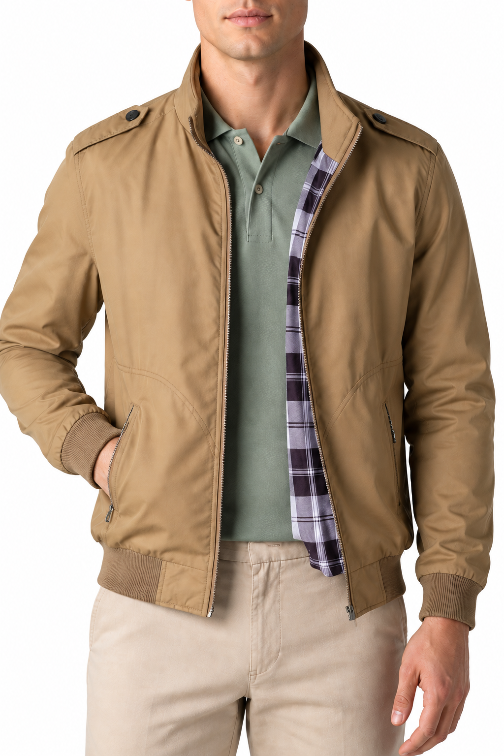 Ventorino Men's Bomber Jacket Lightweight Build Classic Fit | Ventorino in Khaki — garment and fabric detail