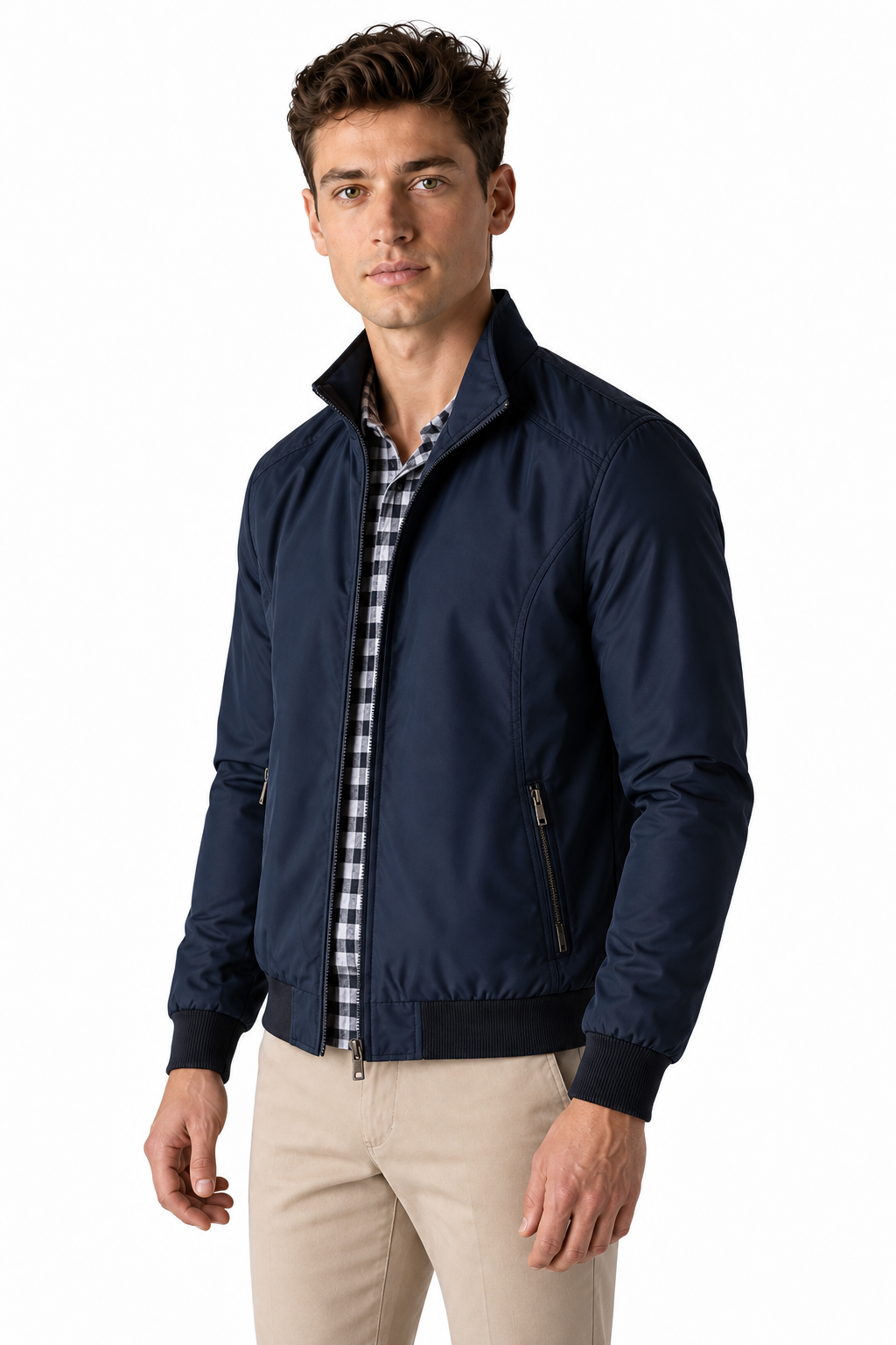 Ventorino Men's Bomber Jacket Lightweight Build Classic Fit | Ventorino in Navy Blue — model three-quarter view