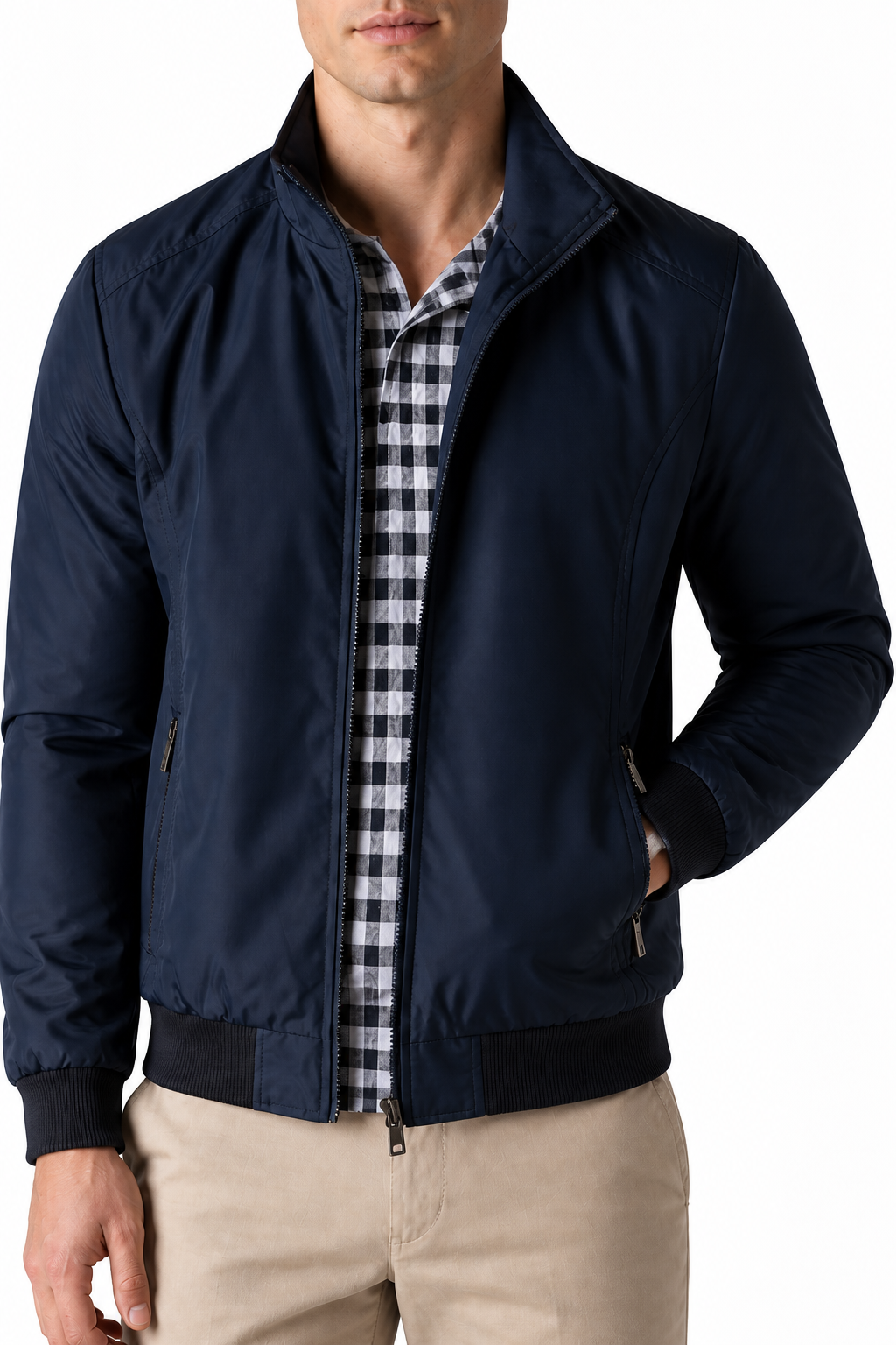 Ventorino Men's Bomber Jacket Lightweight Build Classic Fit | Ventorino in Navy Blue — garment and fabric detail