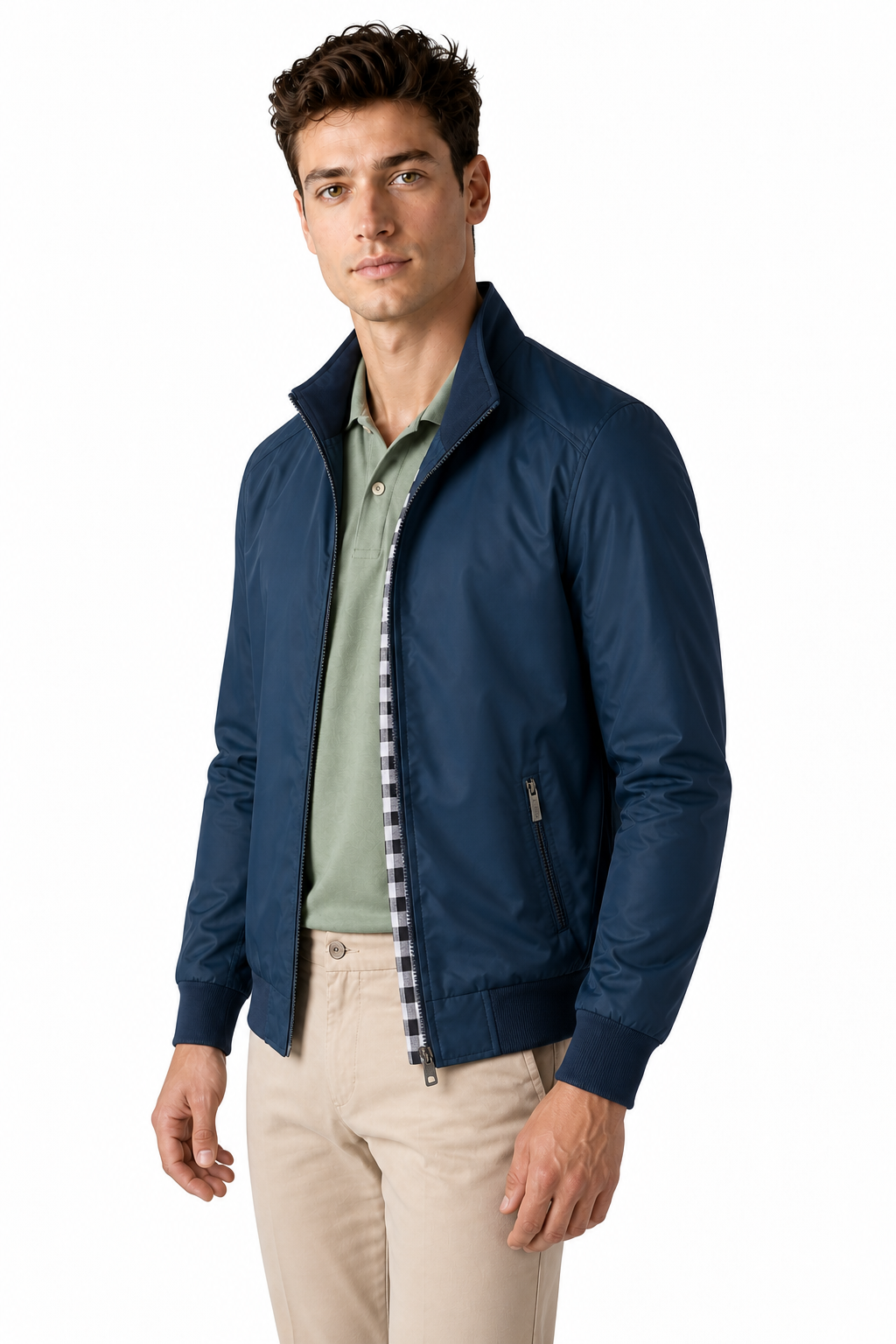 Ventorino Men's Bomber Jacket Lightweight Build Classic Fit | Ventorino in Blue — model three-quarter view