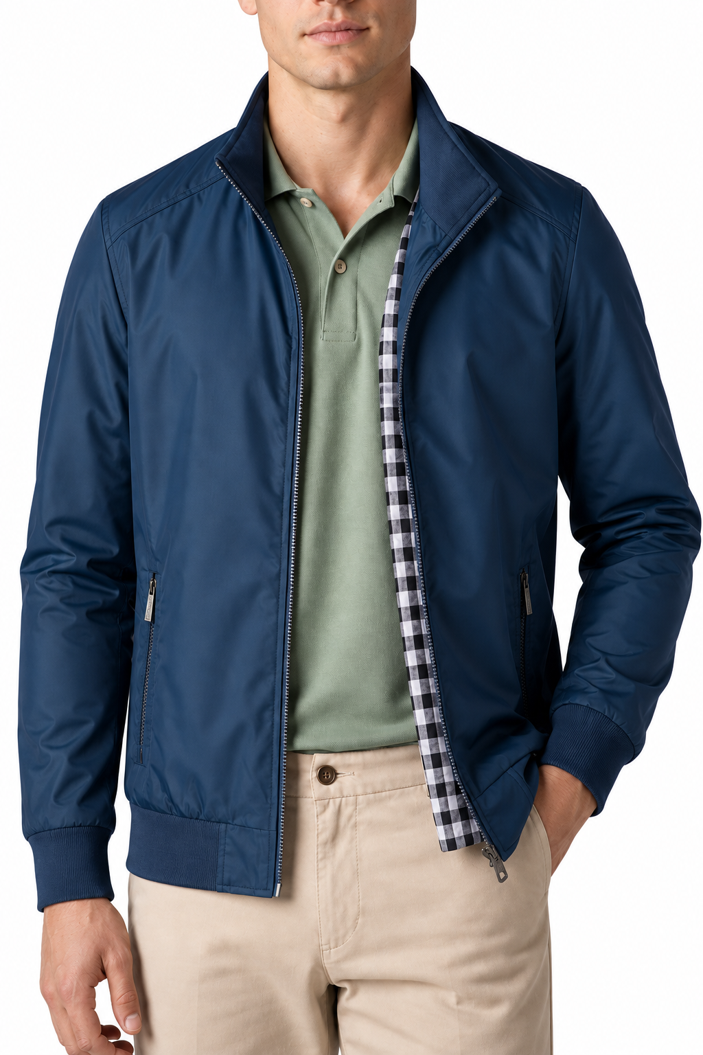 Ventorino Men's Bomber Jacket Lightweight Build Classic Fit | Ventorino in Blue — garment and fabric detail