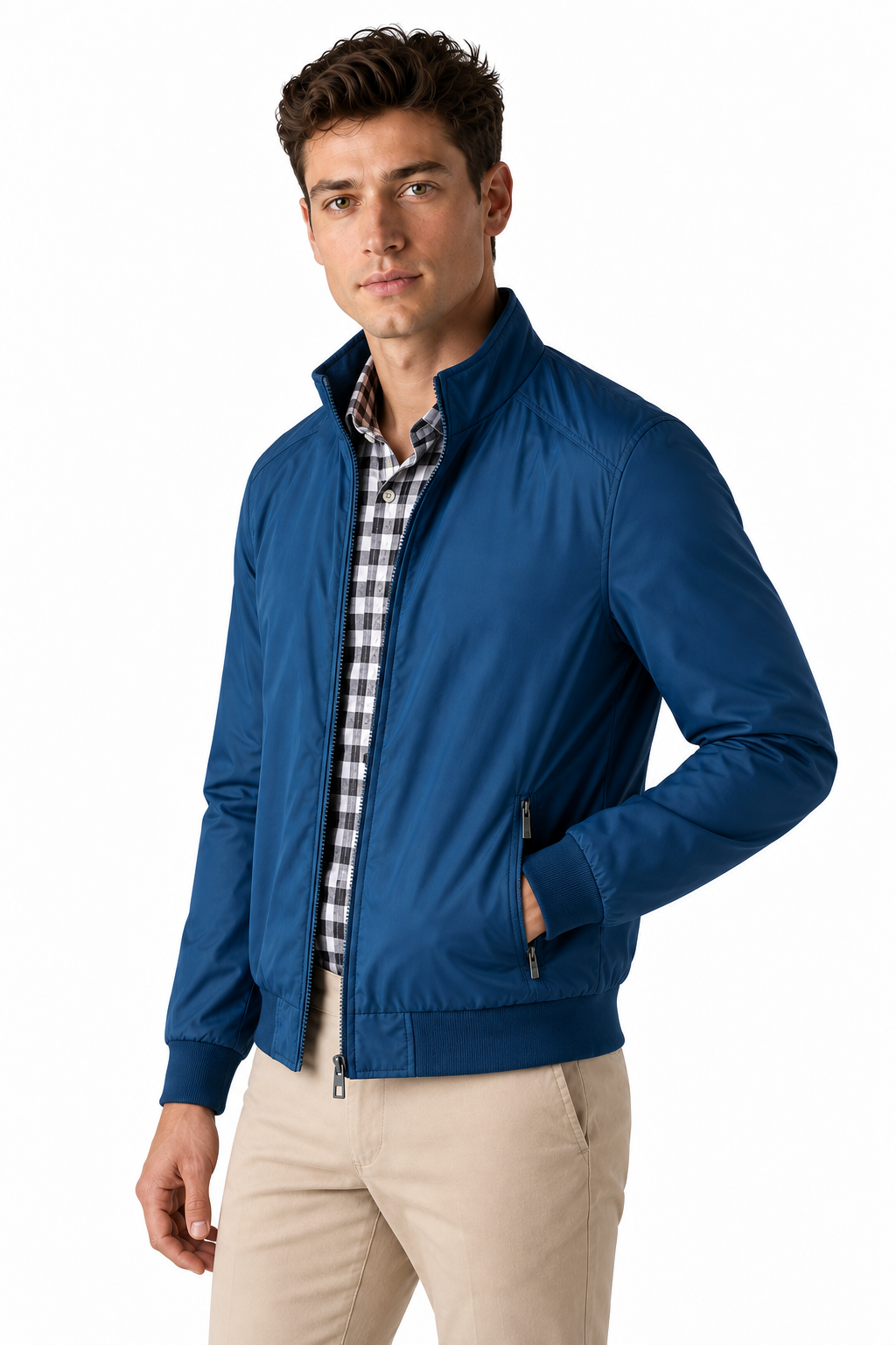Ventorino Men's Bomber Jacket Lightweight Build Classic Fit | Ventorino in Diamond Blue — model three-quarter view