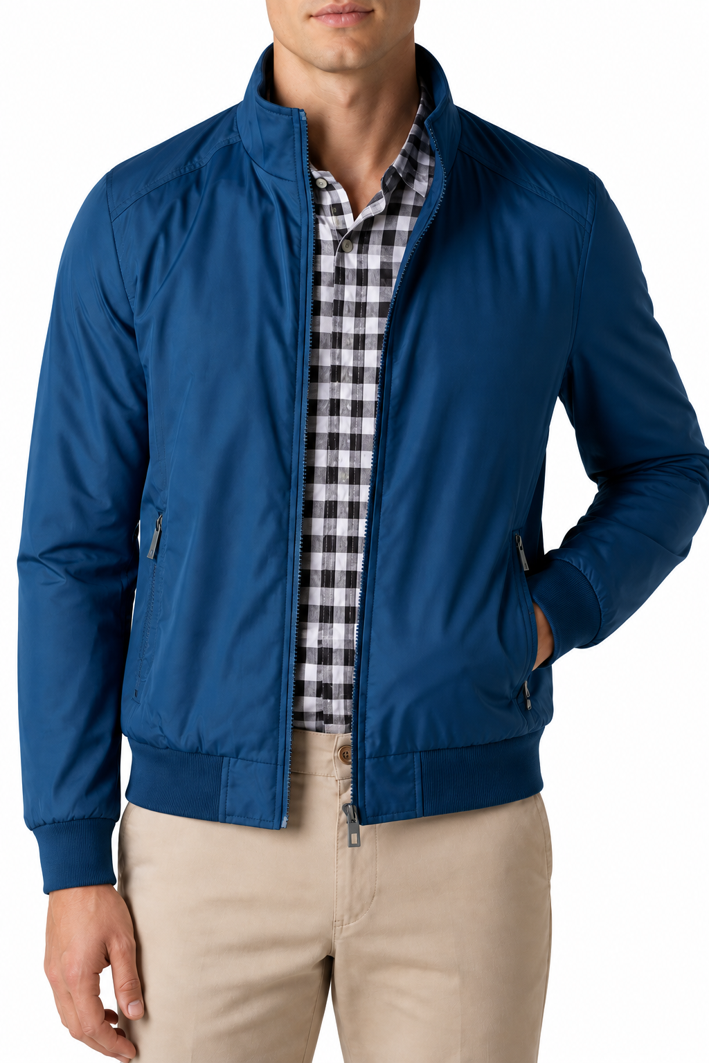 Ventorino Men's Bomber Jacket Lightweight Build Classic Fit | Ventorino in Diamond Blue — garment and fabric detail