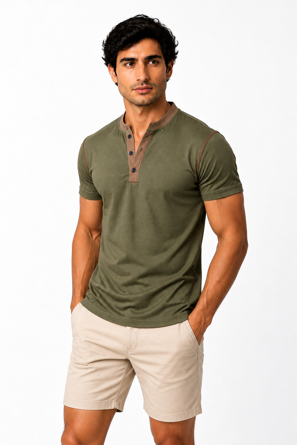 Ventorino henley in army green — model view