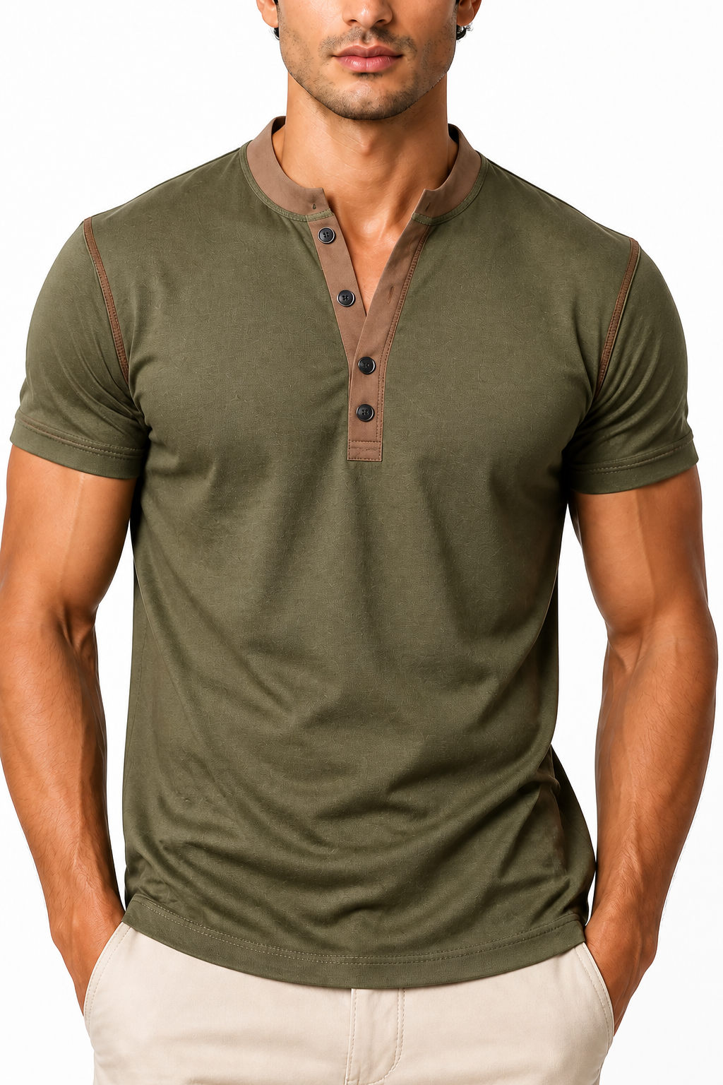 Ventorino henley in army green — garment and fabric detail