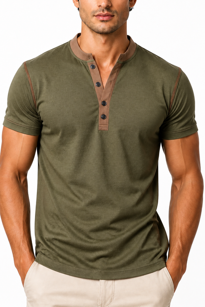 Ventorino henley in army green — garment and fabric detail