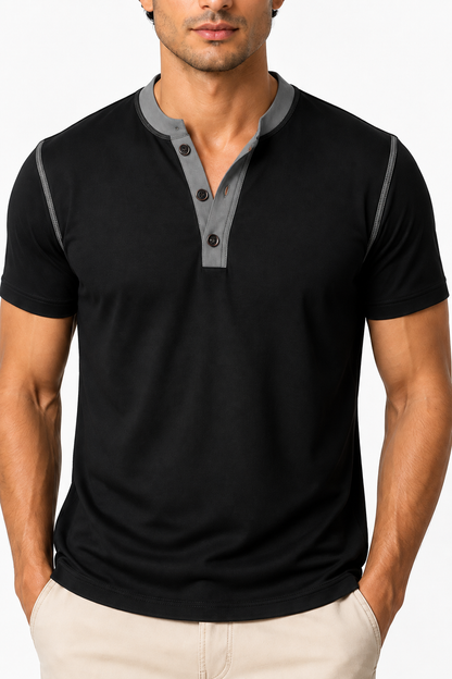 Ventorino henley in black — garment and fabric detail