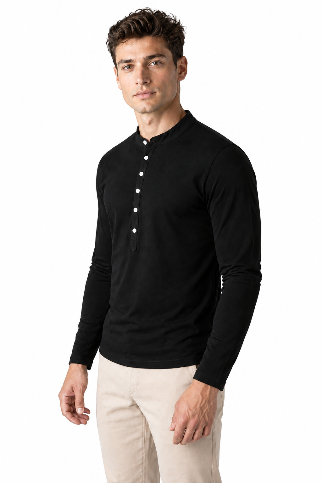 Ventorino long-sleeve Henley in black — model view