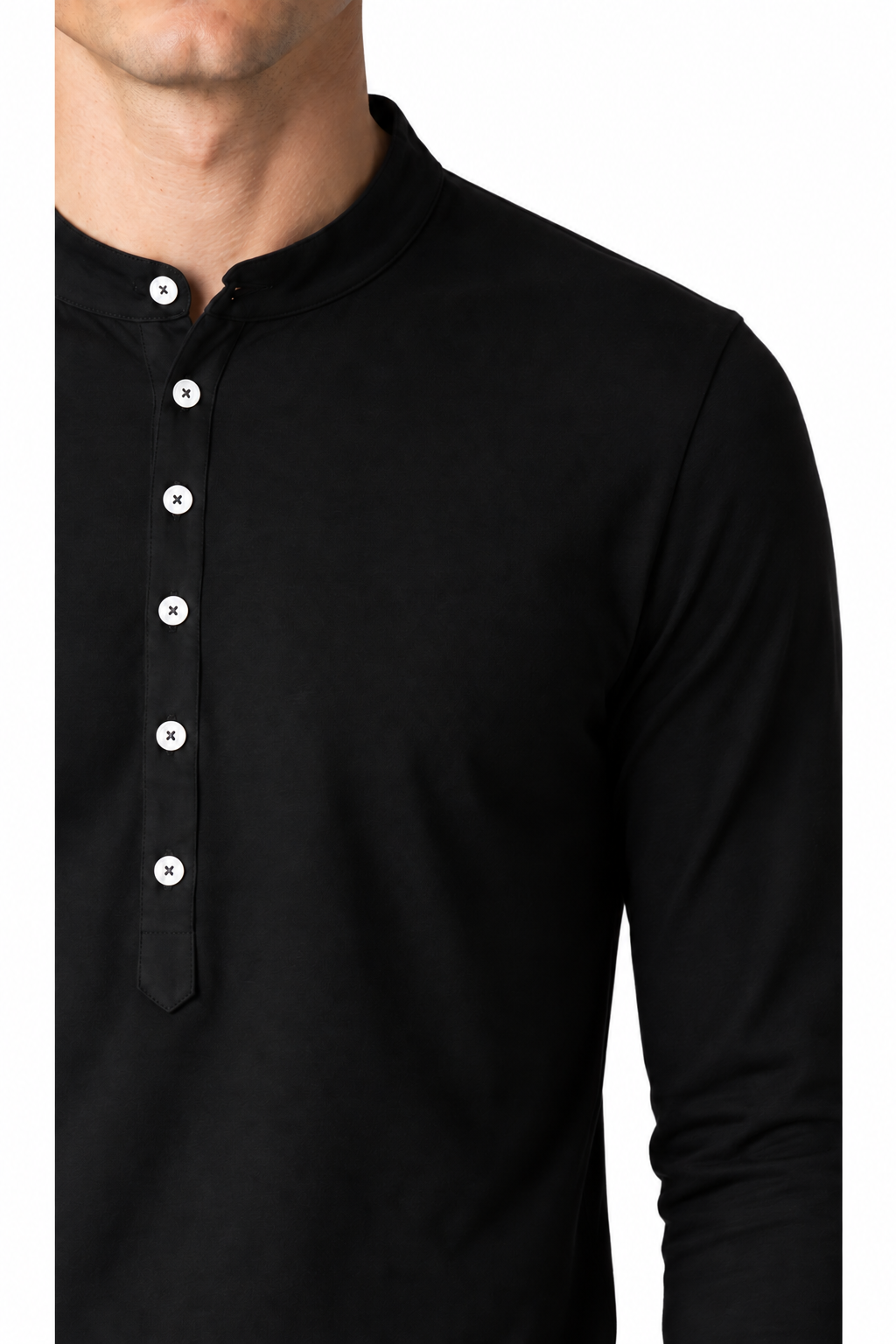 Ventorino long-sleeve Henley in black — fabric and placket detail