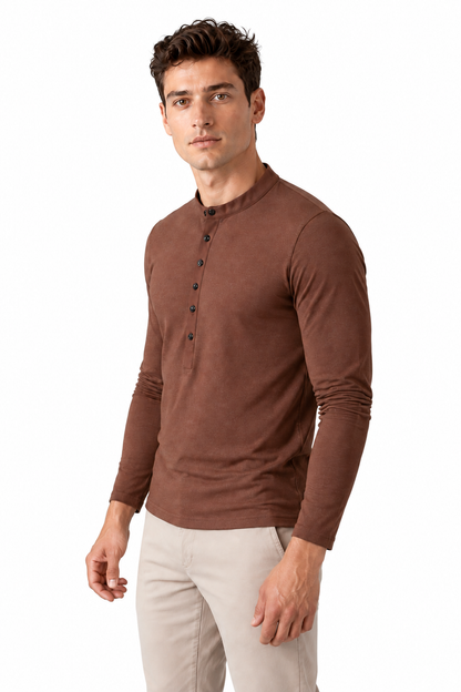 Ventorino long-sleeve Henley in coffee — model view