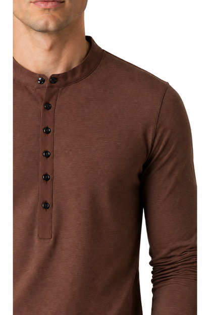 Ventorino long-sleeve Henley in coffee — fabric and placket detail
