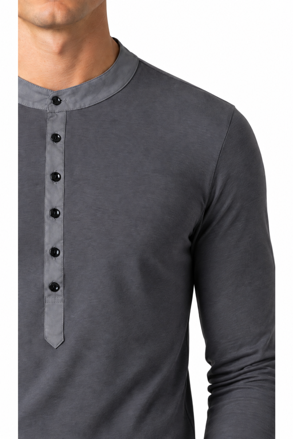 Ventorino long-sleeve Henley in grey — fabric and placket detail