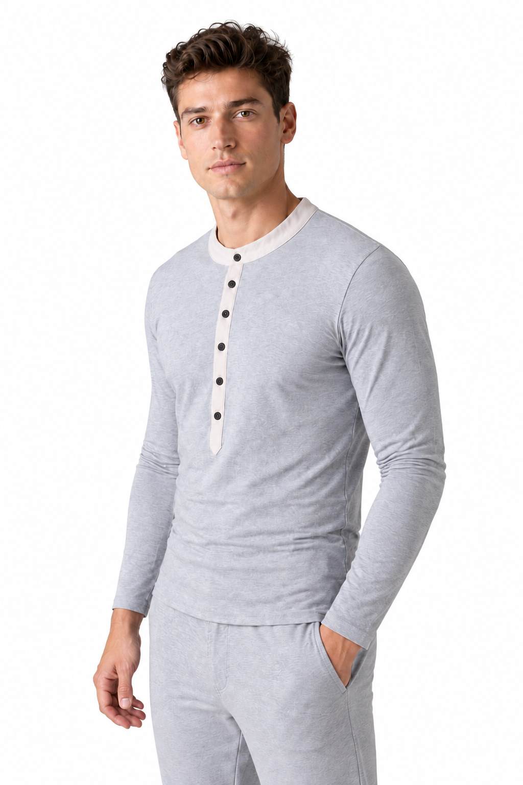 Ventorino long-sleeve Henley in light grey — model view