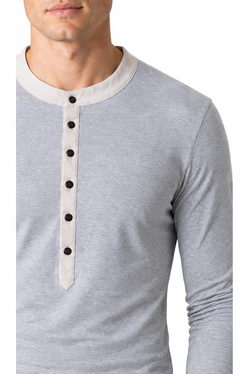Ventorino long-sleeve Henley in light grey — fabric and placket detail
