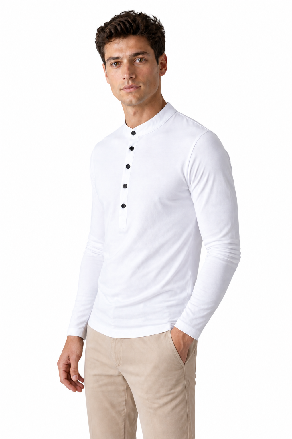 Ventorino long-sleeve Henley in white — model view