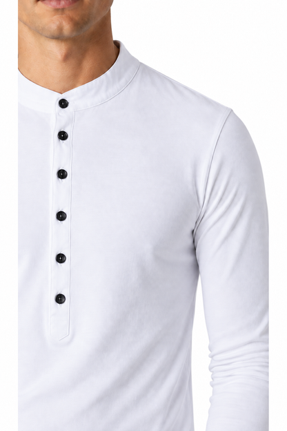 Ventorino long-sleeve Henley in white — fabric and placket detail