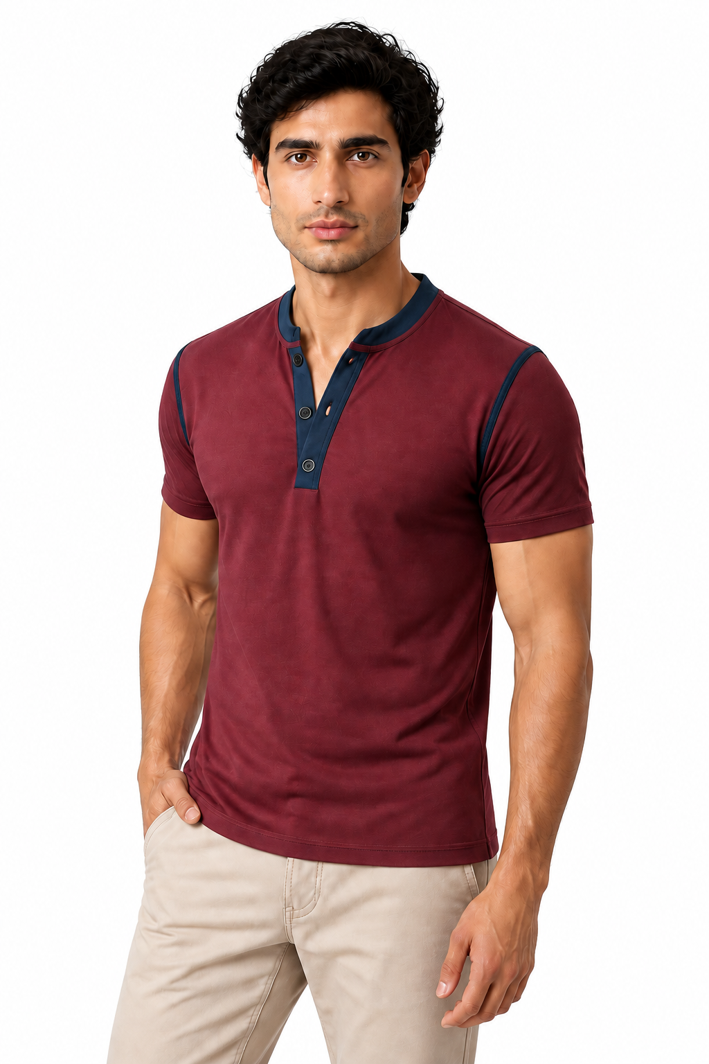 Ventorino henley in wine red — model view