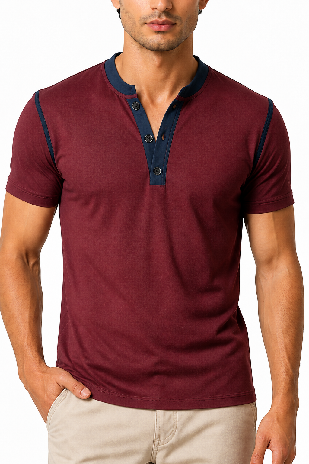Ventorino henley in wine red — garment and fabric detail