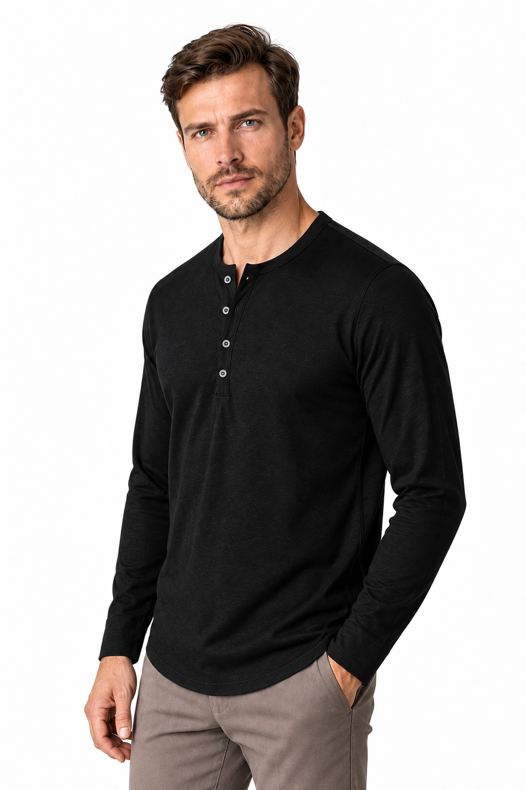 Ventorino Men's Henley Shirt Long Sleeves Casual Fit | Ventorino in Black — model three-quarter view