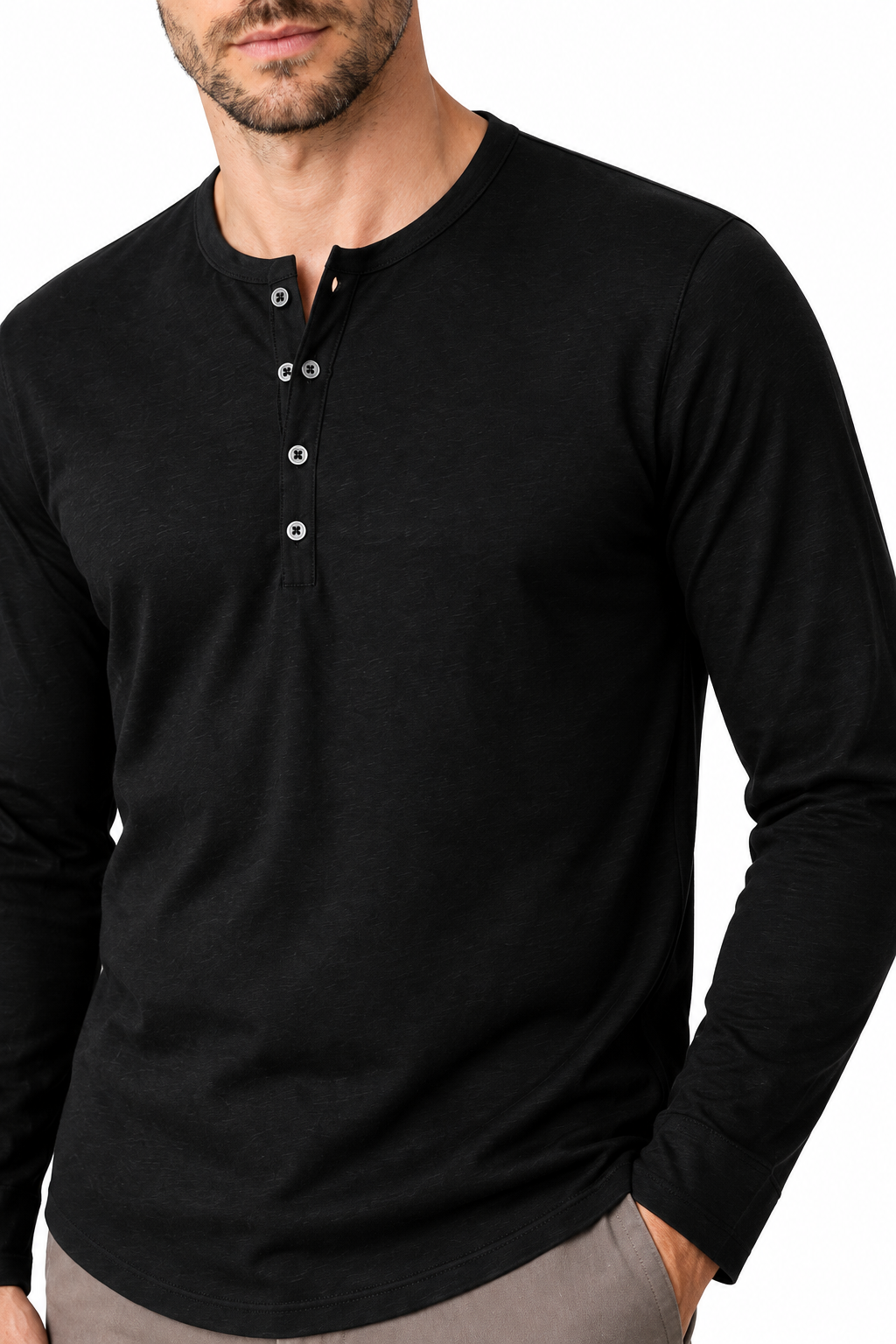 Ventorino Men's Henley Shirt Long Sleeves Casual Fit | Ventorino in Black — garment and fabric detail