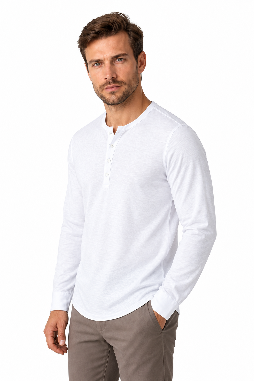 Ventorino Men's Henley Shirt Long Sleeves Casual Fit | Ventorino in White — model three-quarter view