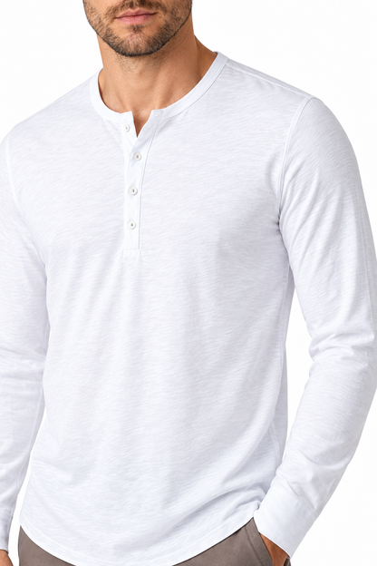 Ventorino Men's Henley Shirt Long Sleeves Casual Fit | Ventorino in White — garment and fabric detail