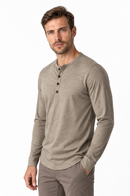 Ventorino Men's Henley Shirt Long Sleeves Casual Fit | Ventorino in Khaki — model three-quarter view