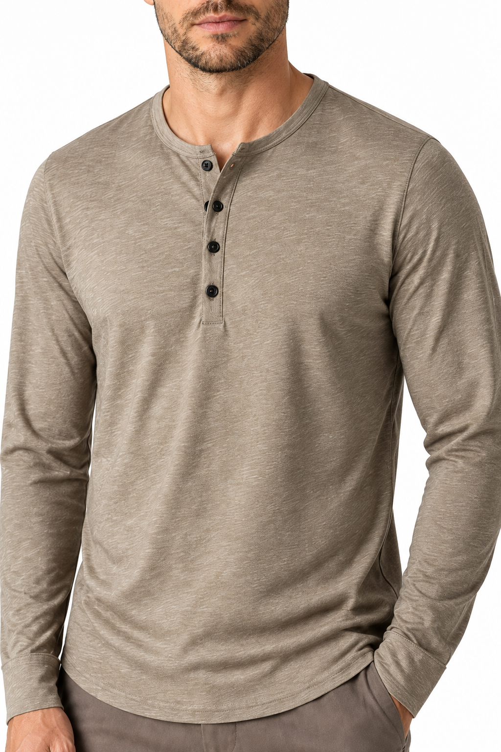 Ventorino Men's Henley Shirt Long Sleeves Casual Fit | Ventorino in Khaki — garment and fabric detail