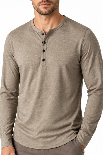 Ventorino Men's Henley Shirt Long Sleeves Casual Fit | Ventorino in Khaki — garment and fabric detail