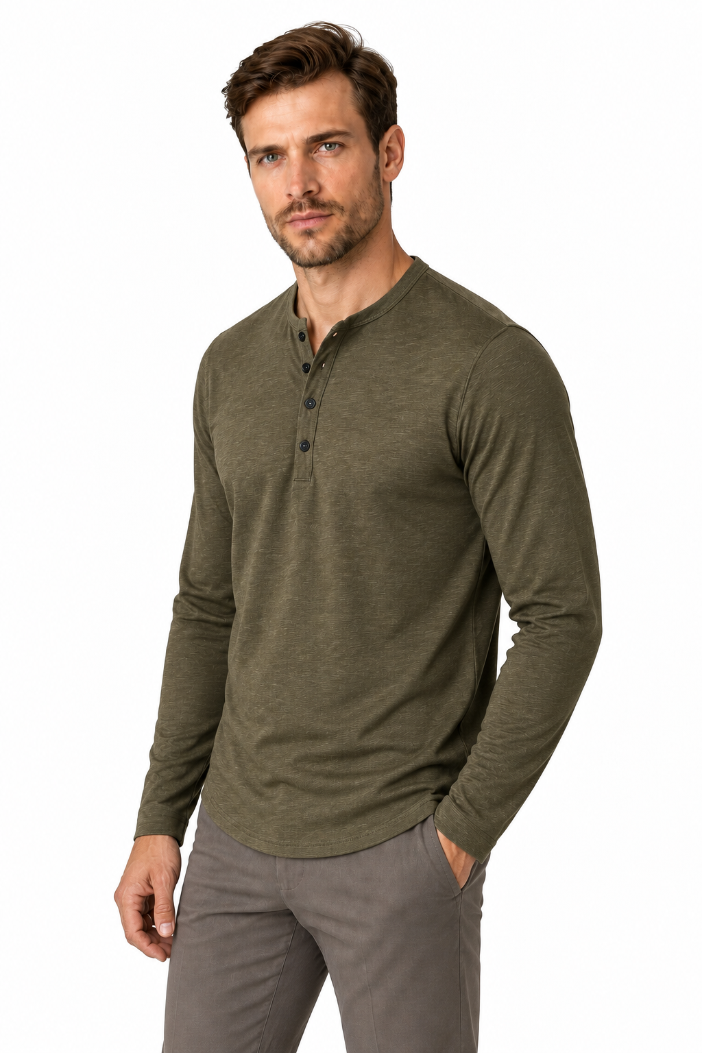 Ventorino Men's Henley Shirt Long Sleeves Casual Fit | Ventorino in Army Green — model three-quarter view