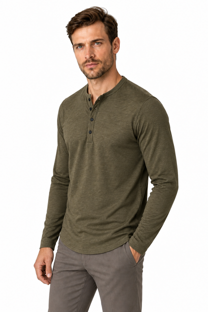 Ventorino Men's Henley Shirt Long Sleeves Casual Fit | Ventorino in Army Green — model three-quarter view