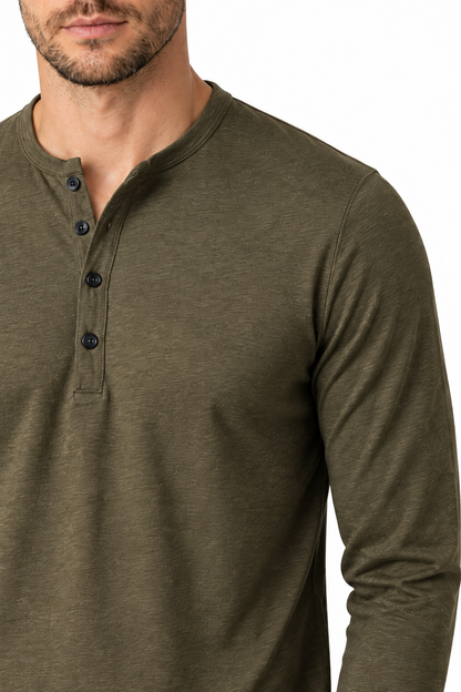 Ventorino Men's Henley Shirt Long Sleeves Casual Fit | Ventorino in Army Green — garment and fabric detail