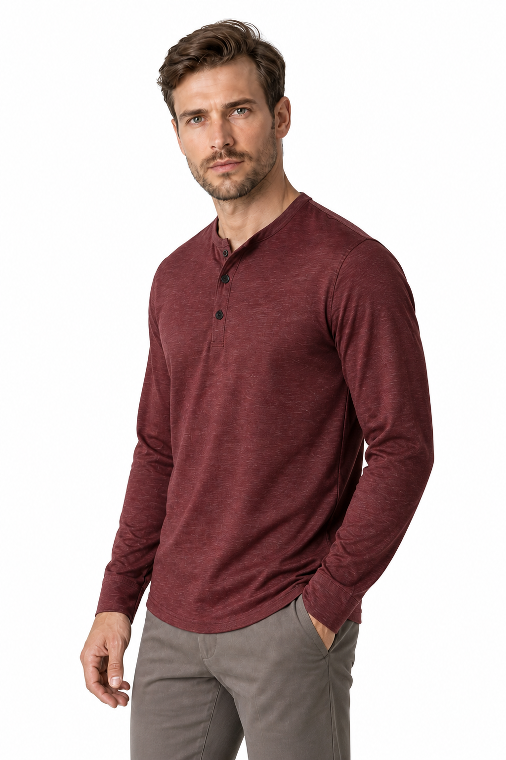 Ventorino Men's Henley Shirt Long Sleeves Casual Fit | Ventorino in Wine Red — model three-quarter view