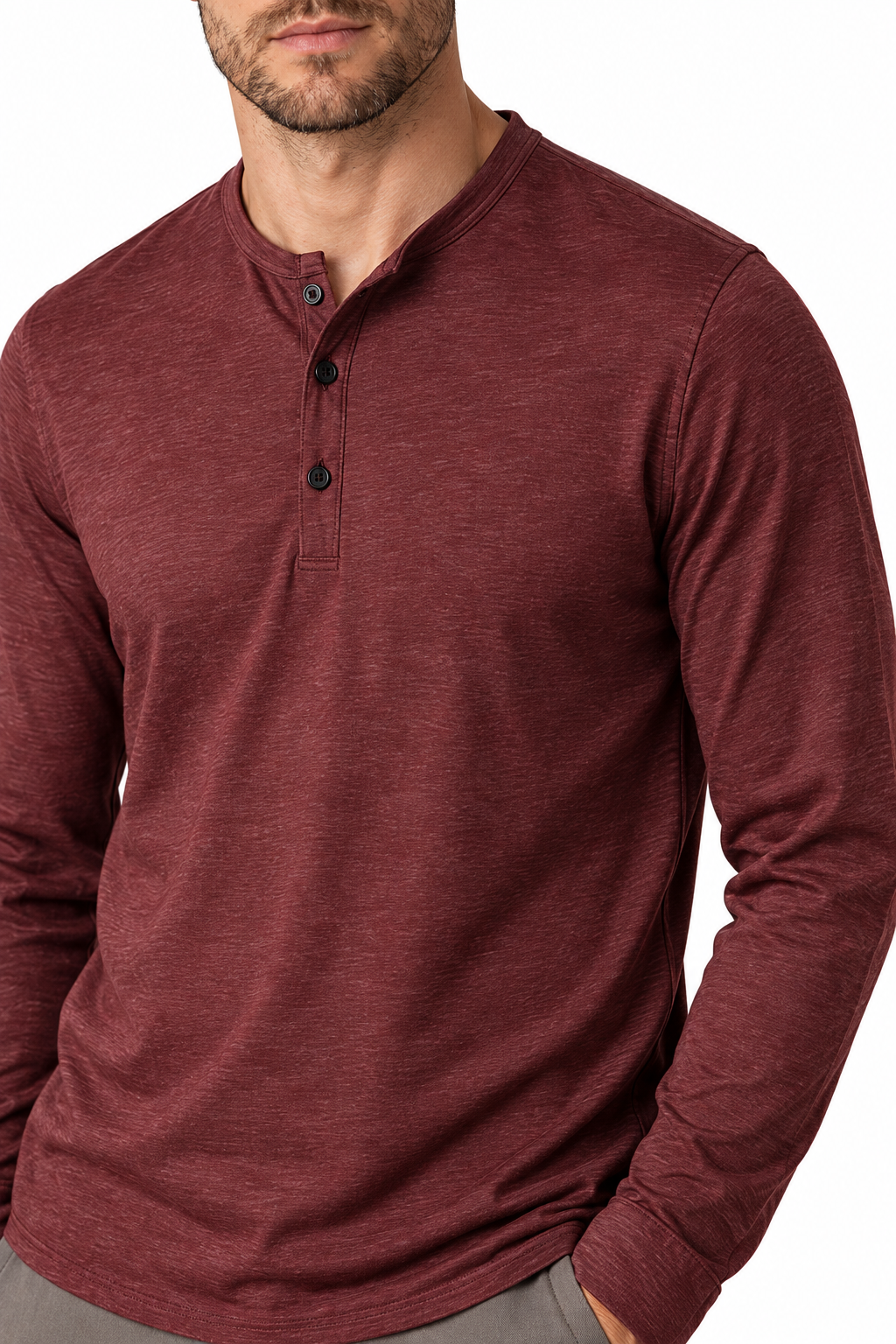 Ventorino Men's Henley Shirt Long Sleeves Casual Fit | Ventorino in Wine Red — garment and fabric detail