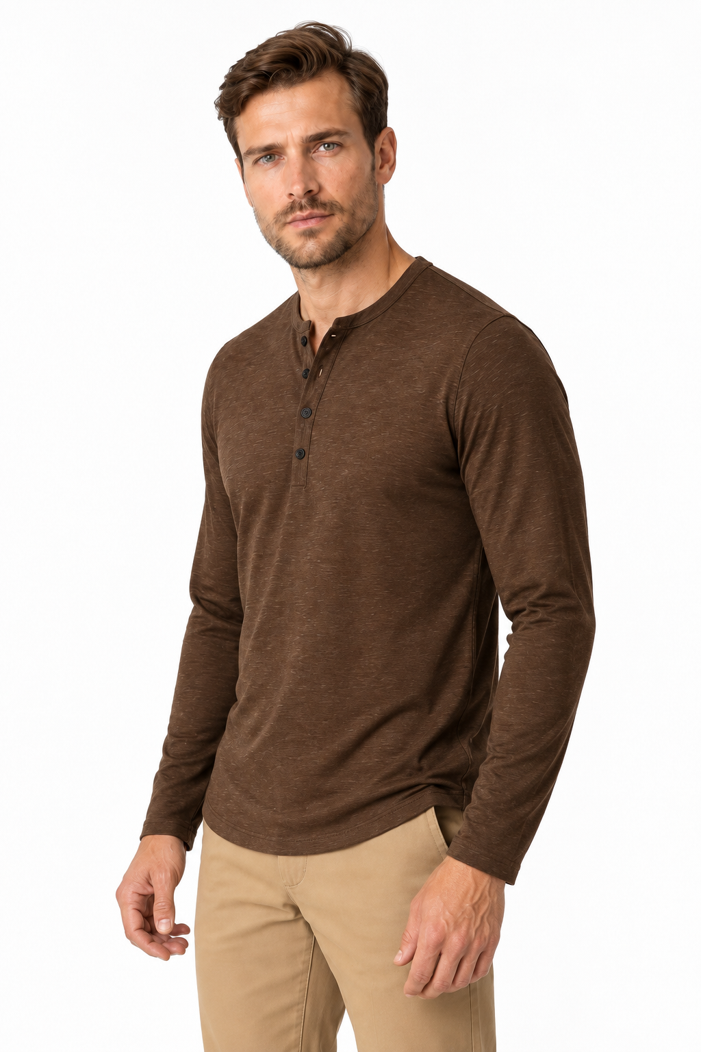 Ventorino Men's Henley Shirt Long Sleeves Casual Fit | Ventorino in Coffee — model three-quarter view