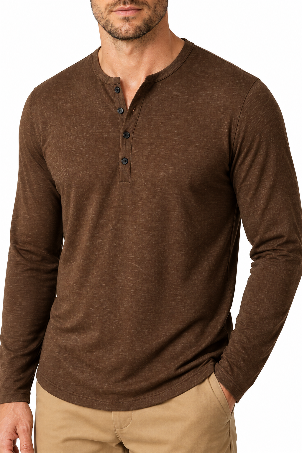 Ventorino Men's Henley Shirt Long Sleeves Casual Fit | Ventorino in Coffee — garment and fabric detail