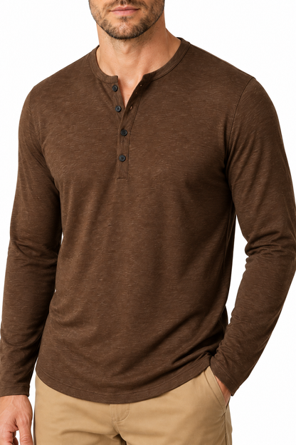Ventorino Men's Henley Shirt Long Sleeves Casual Fit | Ventorino in Coffee — garment and fabric detail