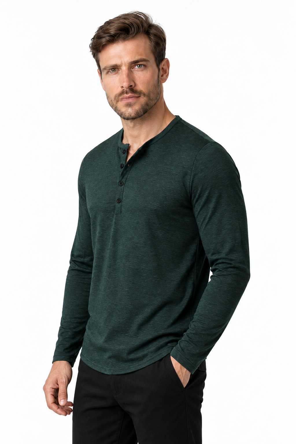 Ventorino Men's Henley Shirt Long Sleeves Casual Fit | Ventorino in Slate green — model three-quarter view