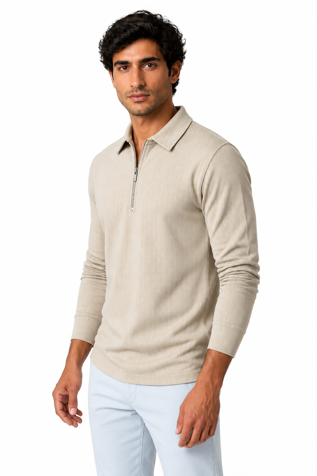 Ventorino Men's Polo Sweater Striped Knit Half Zip | Ventorino in Khaki — model three-quarter view