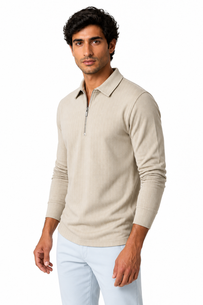 Ventorino Men's Polo Sweater Striped Knit Half Zip | Ventorino in Khaki — model three-quarter view