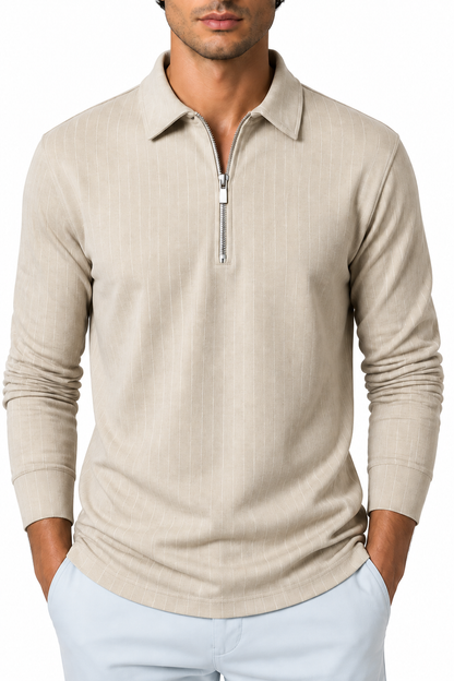 Ventorino Men's Polo Sweater Striped Knit Half Zip | Ventorino in Khaki — garment and fabric detail