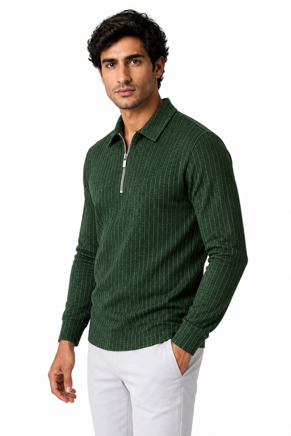 Ventorino Men's Polo Sweater Striped Knit Half Zip | Ventorino in Green — model three-quarter view