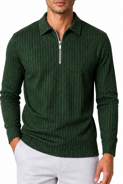 Ventorino Men's Polo Sweater Striped Knit Half Zip | Ventorino in Green — garment and fabric detail