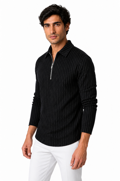 Ventorino Men's Polo Sweater Striped Knit Half Zip | Ventorino in Black — model three-quarter view